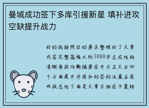 曼城成功签下多库引援新星 填补进攻空缺提升战力