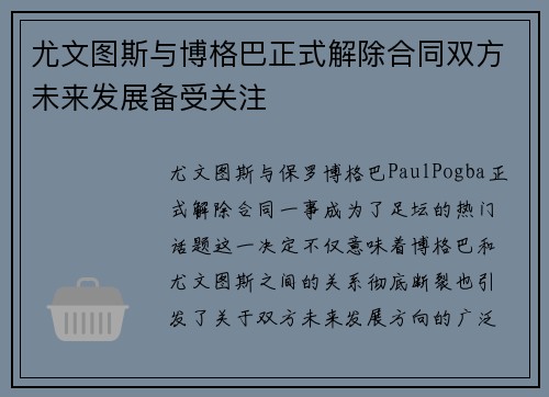 尤文图斯与博格巴正式解除合同双方未来发展备受关注